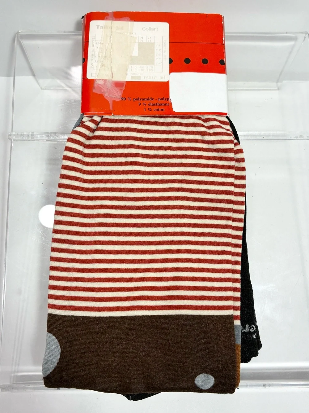 Berthe France Stripe Polka Dot Opaque Tights Brown Gray Multi Size 3/4 (M/L)